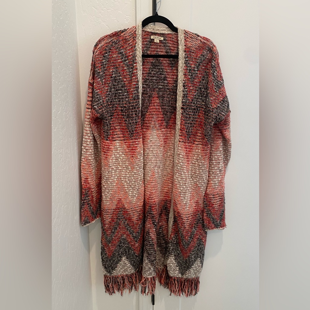 51 Lucky Brand Cardigan Womens Large Red Longline Open Front Layering Aztec